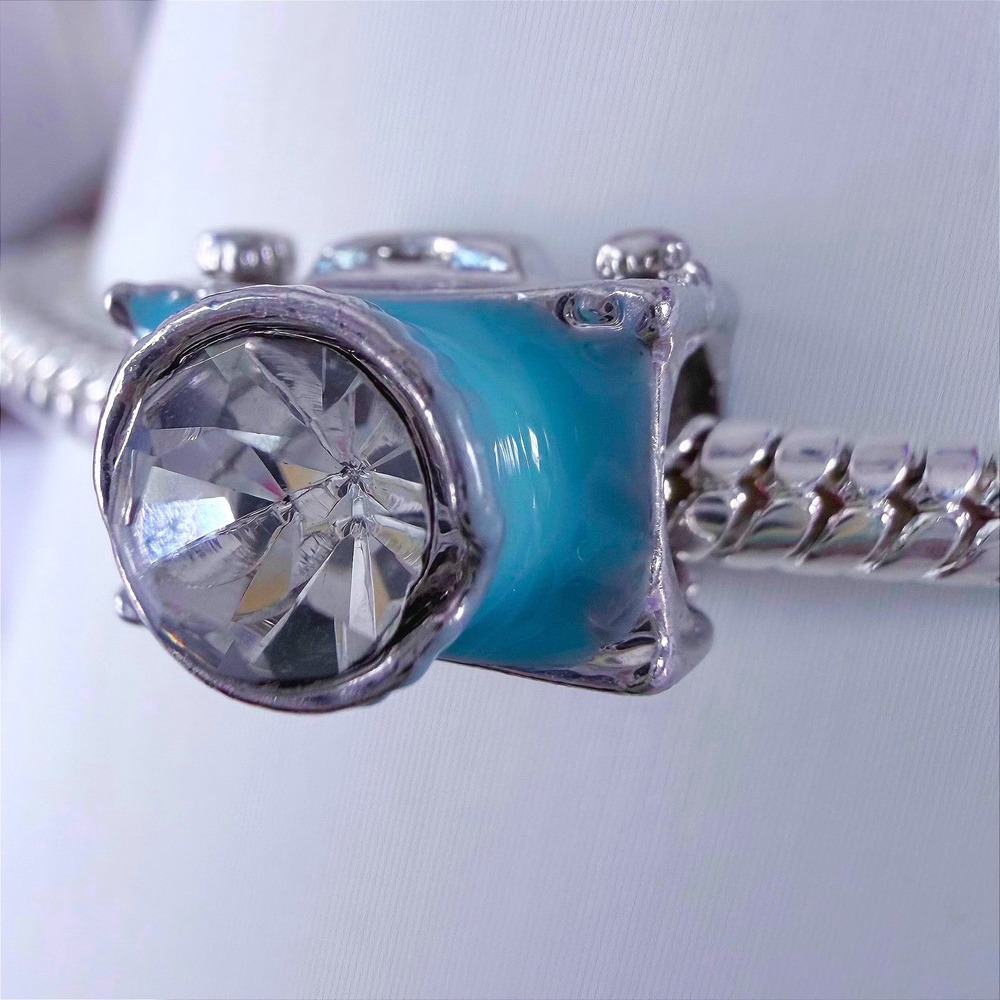 Silver Camera Bead‎ Charm Blue Enamel Crystal Fits Snake Chain Bracelet